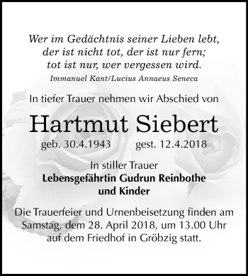 Traueranzeige von Hartmut Siebert von Mitteldeutsche Zeitung Köthen