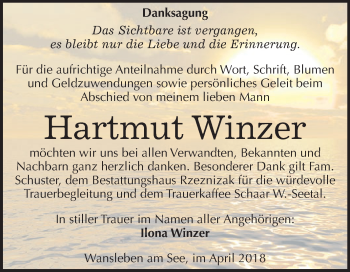 Traueranzeige von Hartmut Winzer von Wochenspiegel Mansfelder Land