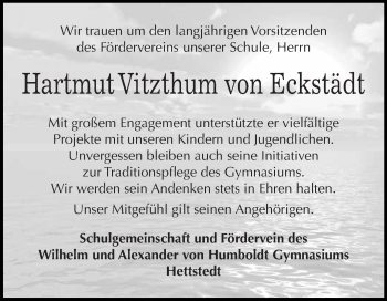 Traueranzeige von Hartmut Vitzthum von Eckstädt von Super Sonntag SGH Mansf. Land