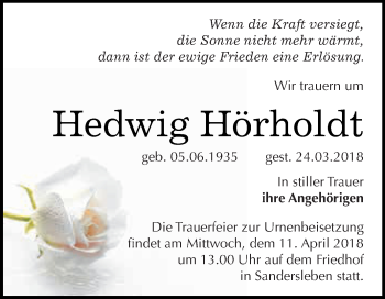 Traueranzeige von Hedwig Hörholdt von Super Sonntag SGH Mansf. Land