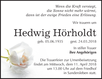 Traueranzeige von Hedwig Hörholdt von Mitteldeutsche Zeitung
