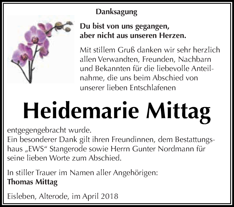  Traueranzeige für Heidemarie Mittag vom 07.04.2018 aus Super Sonntag SGH Mansf. Land