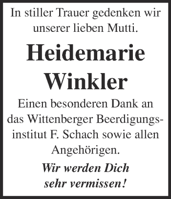 Traueranzeige von Heidemarie Winkler von Super Sonntag Wittenberg