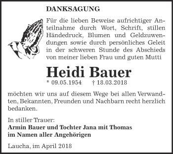 Traueranzeige von Heidi Bauer von WVG - Wochenspiegel NMB / WSF / ZTZ
