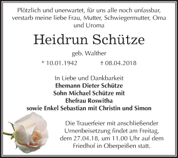 Traueranzeige von Heidrun Schütze von Mitteldeutsche Zeitung Bernburg