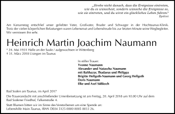 Traueranzeige von Heinrich Martin Joachim Naumann von Mitteldeutsche Zeitung