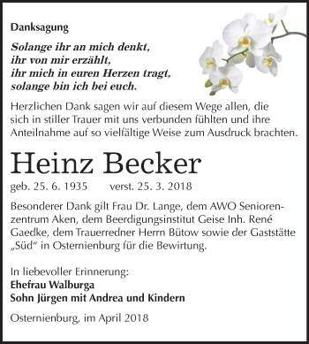 Traueranzeige von Heinz Becker von Mitteldeutsche Zeitung Köthen