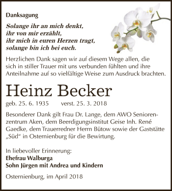 Traueranzeige von Heinz Becker von WVG - Wochenspiegel Dessau / Köthen