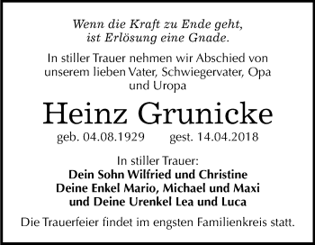 Traueranzeige von Heinz Grunicke von Mitteldeutsche Zeitung Weißenfels