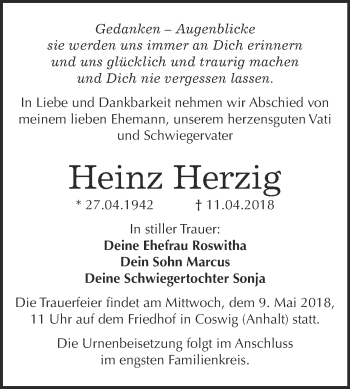 Traueranzeige von Heinz Herzig von Super Sonntag Wittenberg