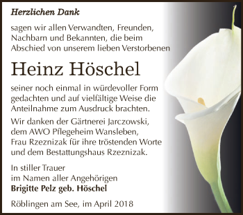 Traueranzeige von Heinz Höschel von Super Sonntag SGH Mansf. Land