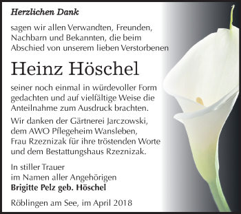 Traueranzeige von Heinz Höschel von Mitteldeutsche Zeitung