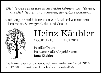 Traueranzeige von Heinz Käubler von Mitteldeutsche Zeitung Halle/Saalkreis