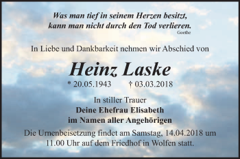 Traueranzeige von Heinz Laske von WVG - Wochenspiegel Bitterfeld