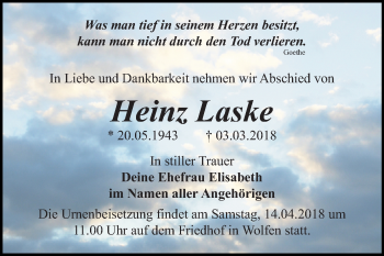 Traueranzeige von Heinz Laske von Mitteldeutsche Zeitung Bitterfeld