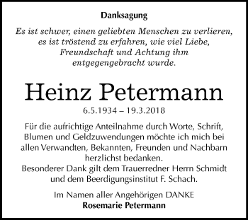Traueranzeige von Heinz Petermann von Mitteldeutsche Zeitung