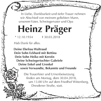 Traueranzeige von Heinz Präger von WVG - Wochenspiegel Wittenberg