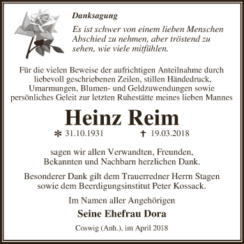 Traueranzeige von Heinz Reim von WVG - Wochenspiegel Dessau / Köthen