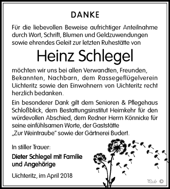 Traueranzeige von Heinz Schlegel von Mitteldeutsche Zeitung Weißenfels
