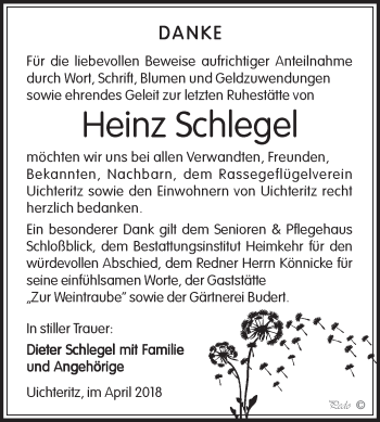 Traueranzeige von Heinz Schlegel von WVG - Wochenspiegel NMB / WSF / ZTZ