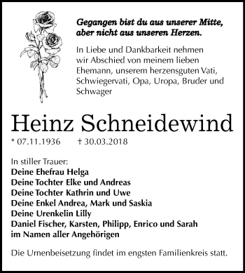 Traueranzeige von Heinz Schneidewind von Mitteldeutsche Zeitung Bitterfeld