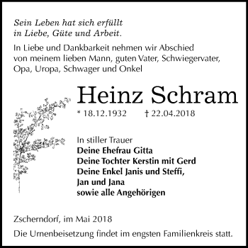 Traueranzeige von Heinz Schram von Mitteldeutsche Zeitung Bitterfeld