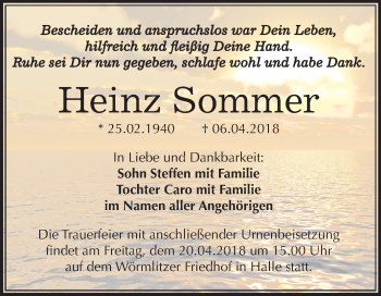 Traueranzeige von Heinz Sommer von Mitteldeutsche Zeitung Halle/Saalkreis