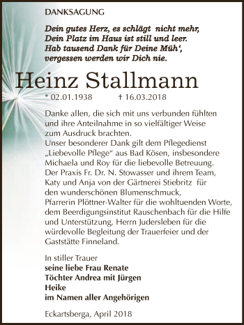 Traueranzeige von Heinz Stallmann von WVG - Wochenspiegel NMB / WSF / ZTZ
