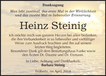 Traueranzeige von Heinz Steinig von Mitteldeutsche Zeitung Halle/Saalkreis