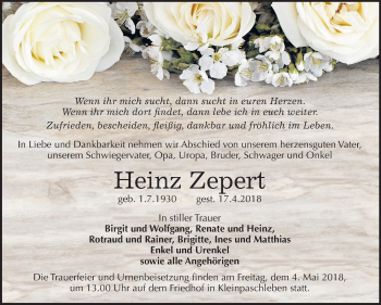 Traueranzeige von Heinz Zepert von Mitteldeutsche Zeitung Köthen