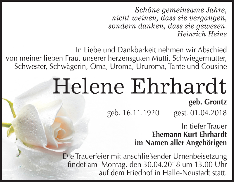  Traueranzeige für Helene Ehrhardt vom 14.04.2018 aus Mitteldeutsche Zeitung Halle/Saalkreis