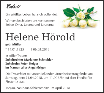 Traueranzeige von Helene Hörold von WVG - Wochenspiegel Wittenberg