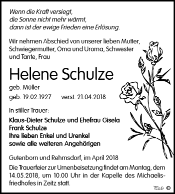 Traueranzeige von Helene Schulze von Mitteldeutsche Zeitung Zeitz