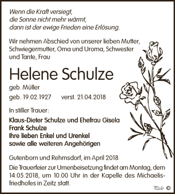 Traueranzeige von Helene Schulze von Super Sonntag Zeitz