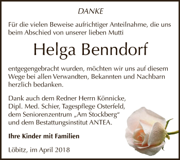 Traueranzeige von Helga Benndorf von WVG - Wochenspiegel NMB / WSF / ZTZ