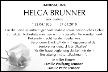Traueranzeige von Helga Brunner von Mitteldeutsche Zeitung Dessau-Roßlau