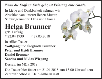 Traueranzeige von Helga Brunner von WVG - Wochenspiegel Dessau / Köthen