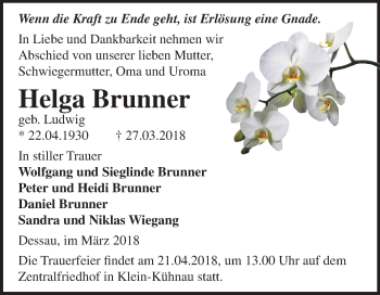 Traueranzeige von Helga Brunner von Mitteldeutsche Zeitung Dessau-Roßlau