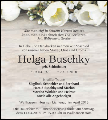 Traueranzeige von Helga Buschky von Super Sonntag SGH Mansf. Land