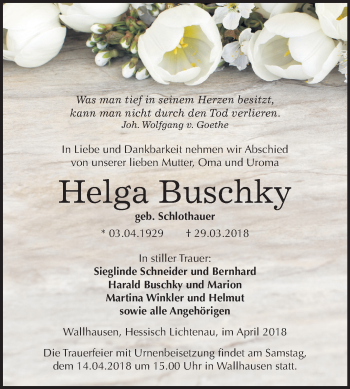 Traueranzeige von Helga Buschky von Mitteldeutsche Zeitung Sangerhausen