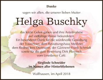 Traueranzeige von Helga Buschky von WVG - Wochenspiegel SGH