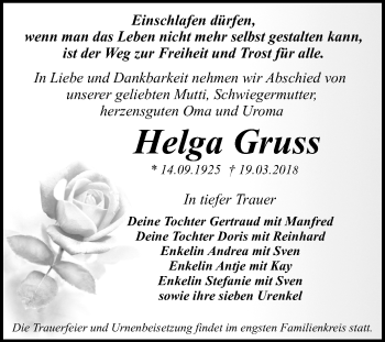 Traueranzeige von Helga Gruss von Mitteldeutsche Zeitung Dessau-Roßlau