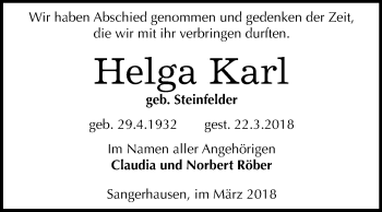 Traueranzeige von Helga Karl von Mitteldeutsche Zeitung