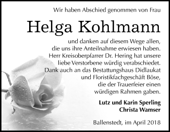Traueranzeige von Helga Kohlmann von Mitteldeutsche Zeitung Quedlinburg