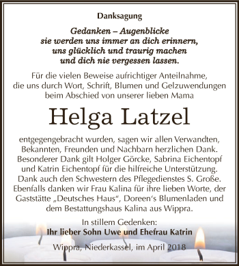 Traueranzeige von Helga Latzel von Super Sonntag SGH Mansf. Land