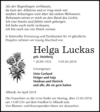Traueranzeige von Helga Luckas von Mitteldeutsche Zeitung Sangerhausen