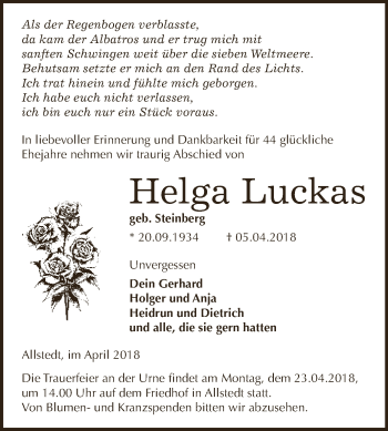 Traueranzeige von Helga Luckas von WVG - Wochenspiegel SGH