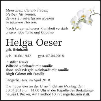 Traueranzeige von Helga Oeser von Mitteldeutsche Zeitung Sangerhausen