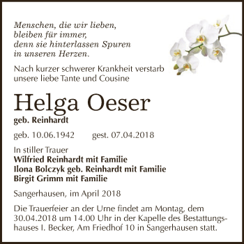 Traueranzeige von Helga Oeser von Super Sonntag SGH Mansf. Land