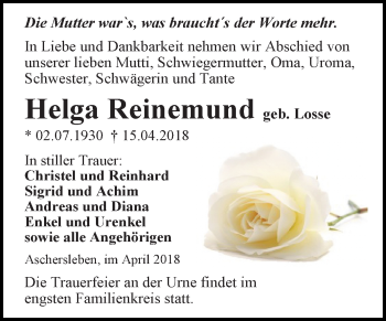 Traueranzeige von Helga Reinemund von Mitteldeutsche Zeitung Aschersleben